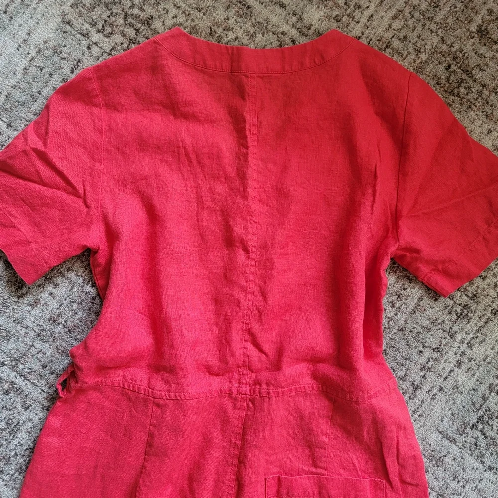 Everlane 100% Linen Short Sleeve Cropped Straight‎ Leg Jumpsuit in Red Size 4